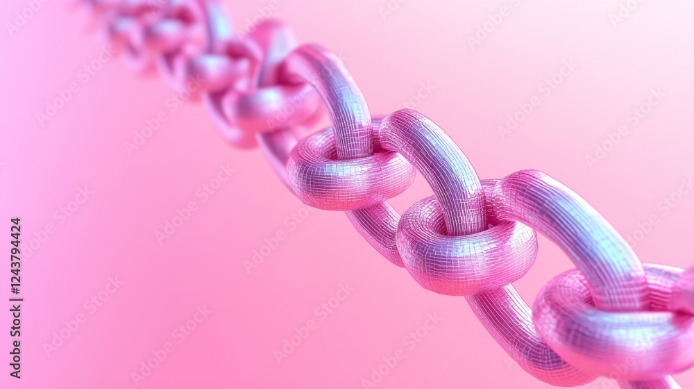 Poster a close-up view of a pink chain against a soft gradient background, highlighting its texture and col