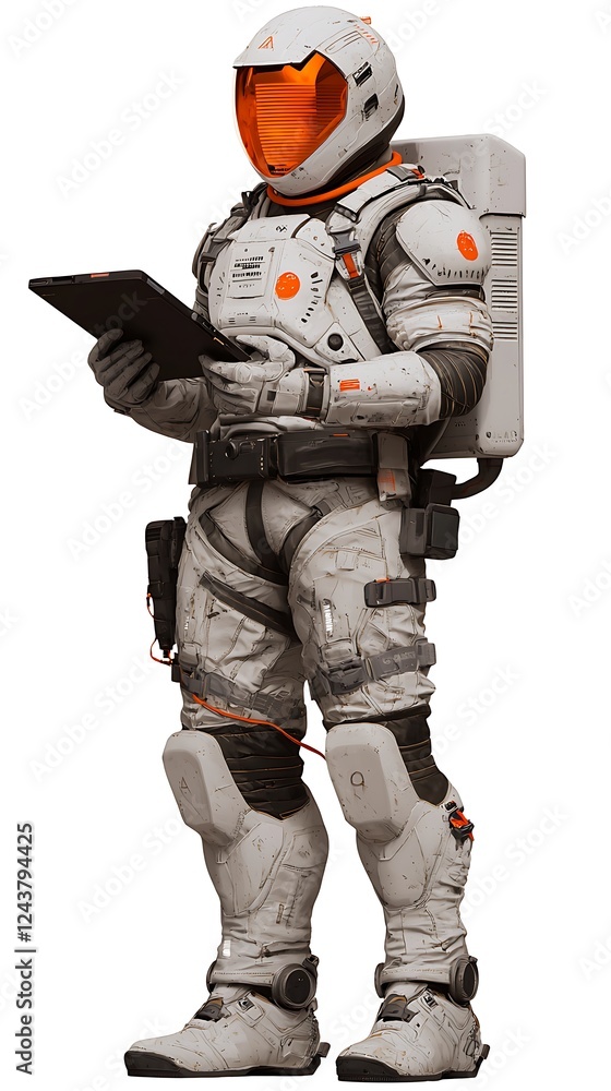 Poster a futuristic astronaut in a high-tech spacesuit holds a tablet, showcasing advanced technology and e