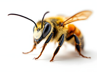 The detail bee turned to the left with yellow-black stripes&mdash;close-up view. 