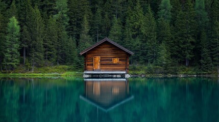 Fototapeta premium Calm emerald water reflecting a wooden cabin over a lake surrounded by a lush forest in the italian dolomites, creating a peaceful and idyllic scene