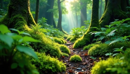 Obraz premium Lowland tropical rainforest floor carpeted with moss and ferns, moss, rainforest, forest floor
