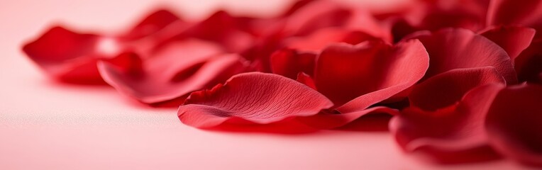 A delicate arrangement of red rose petals scattered over a soft pink background. Ideal for love, romance, weddings, and Valentine's Day.