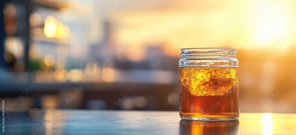 Poster a jar filled with organic honey sits on a table as the sun sets in the background. the golden light 