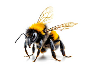 The detail bee turned to the left with yellow-black stripes&mdash;close-up view. 