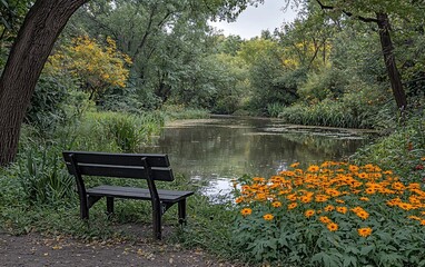 Naklejka premium Serene park bench by tranquil pond with autumnal flowers.