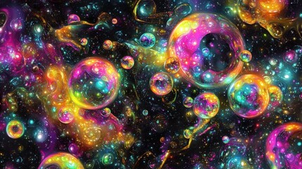 Naklejka premium Holographic-style floating bubbles with glowing refractions, abstract neon color palette, modern and stylish digital artwork