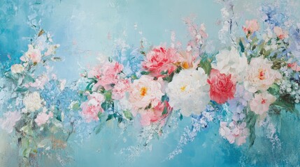 Elegant floral-themed background with soft blue hues and bright flowers arranged in an artistic manner