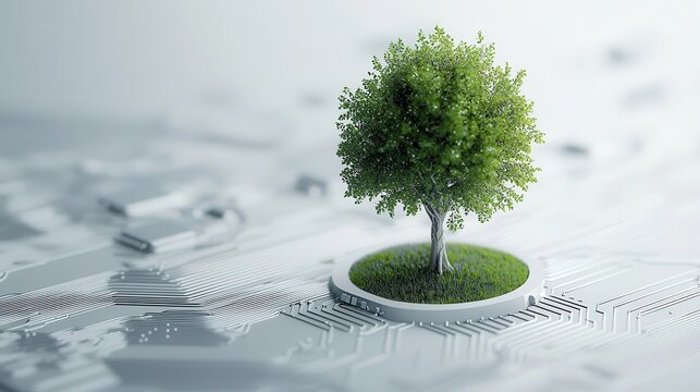 tree icon emerging from a circuit board on a white background, symbolizing AIdriven reforestation and modern design