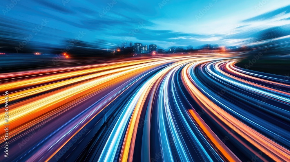 Poster fast-moving light trails in a deep blue gradient, representing futuristic motion technology