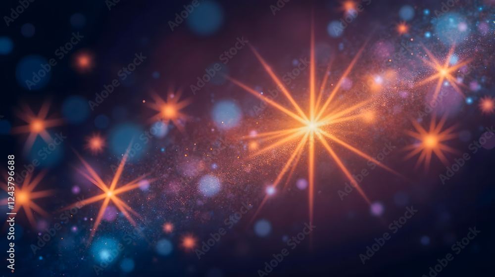 Poster colorful starburst and glowing bokeh in dark space background for creative and artistic concepts