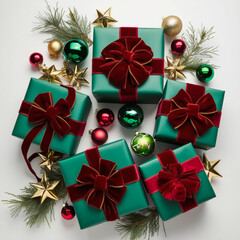 Christmas gift box with white ribbon on Christmas wreath, fir branches, Christmas balls