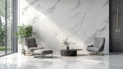 Modern lounge area with marble walls and contemporary furniture