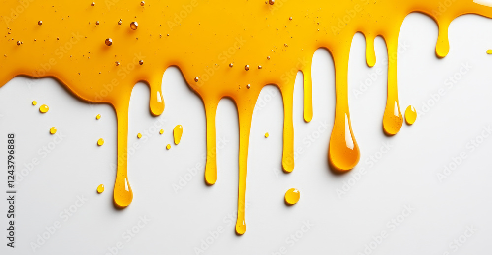 Aufkleber Golden honey splashes across a smooth surface, creating an attractive pattern. The liquid clings and drips, showcasing its viscous texture and reflecting light in a captivating way.