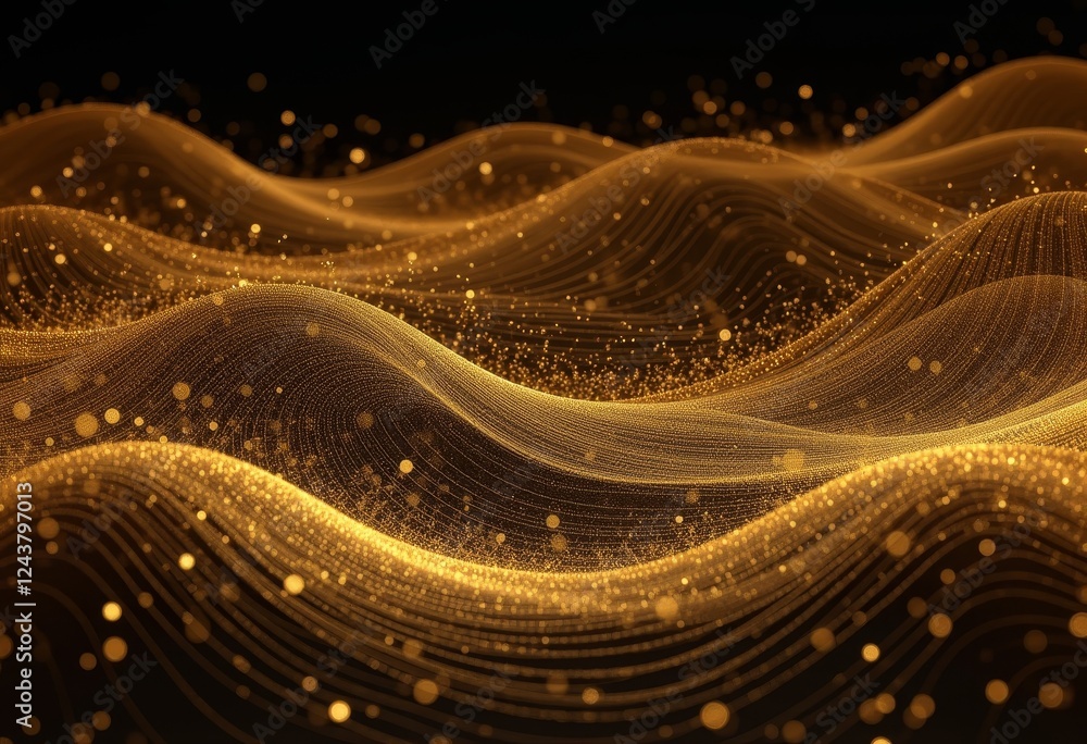 Poster golden wave patterns of glowing particles on a black background forming an abstract digital art piec