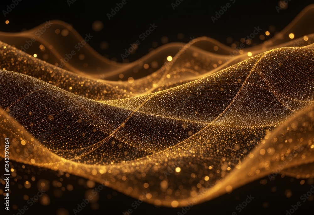 Poster golden wave patterns of glowing particles on a black background forming an abstract digital art piec