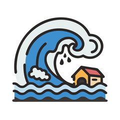 Tsunami wave crashing near house, illustrating nature power