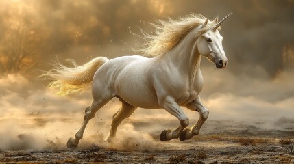 Majestic unicorn galloping through a mystical foggy landscape at dawn, evoking a sense of wonder and magic