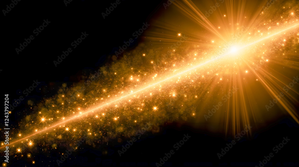 Aufkleber glowing golden light beam with sparkles and stellar particles emitting from the center against a dar