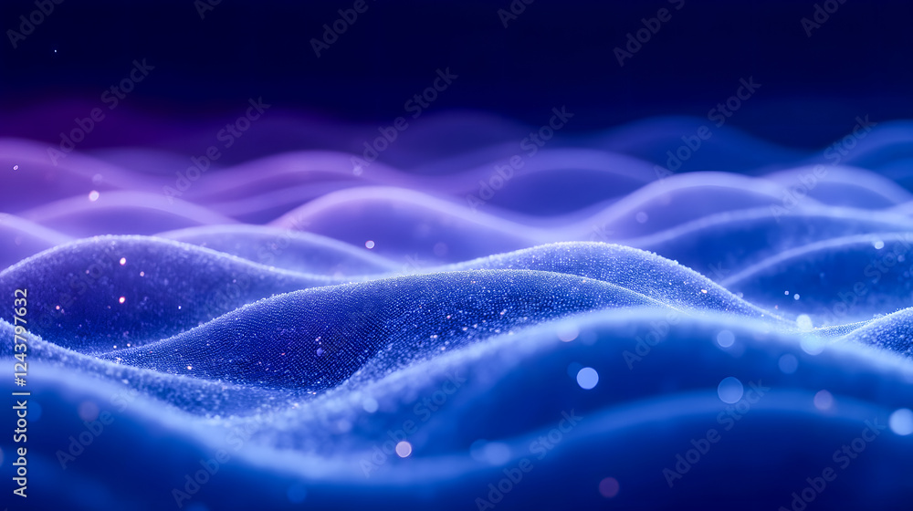 Poster abstract digital waves with glowing particles in a mesmerizing gradient of purple and blue shades fo