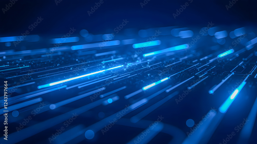 Poster abstract futuristic blue light streaks with glowing particles in motion on a dark background for tec