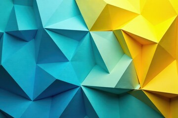 Obraz premium Interlocking blue and yellow paper triangles form complex geometric pattern background , angular, surface