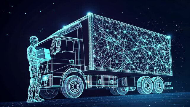 cargo vehicle delivery man box hold business low poly wireframe ai generated video concept