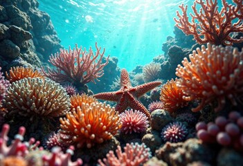 Obraz premium Underwater view of a starfish hidden among coral and anemones, coral, sea creature
