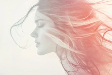 Naklejka premium dreamy woman with her hair in the wind, set against a soft, blurred background, minimal background with copy space