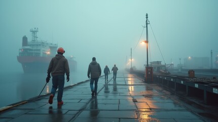 Obraz premium Workers Walk Along the Foggy Dock Towards a Large Ship During Early Morning Hours
