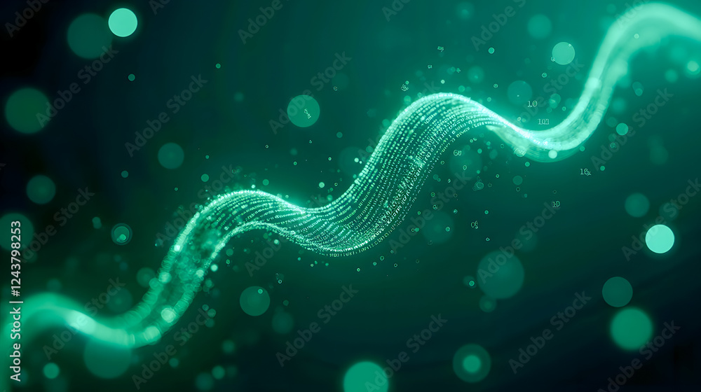 Poster abstract green wave of light particles flowing in dynamic motion over a dark background for backgrou