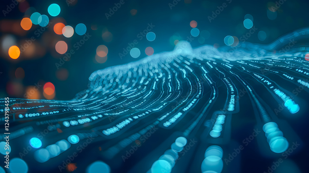 Poster vibrant flow of digital data with glowing dots and colorful light bokeh effect in a modern abstract 
