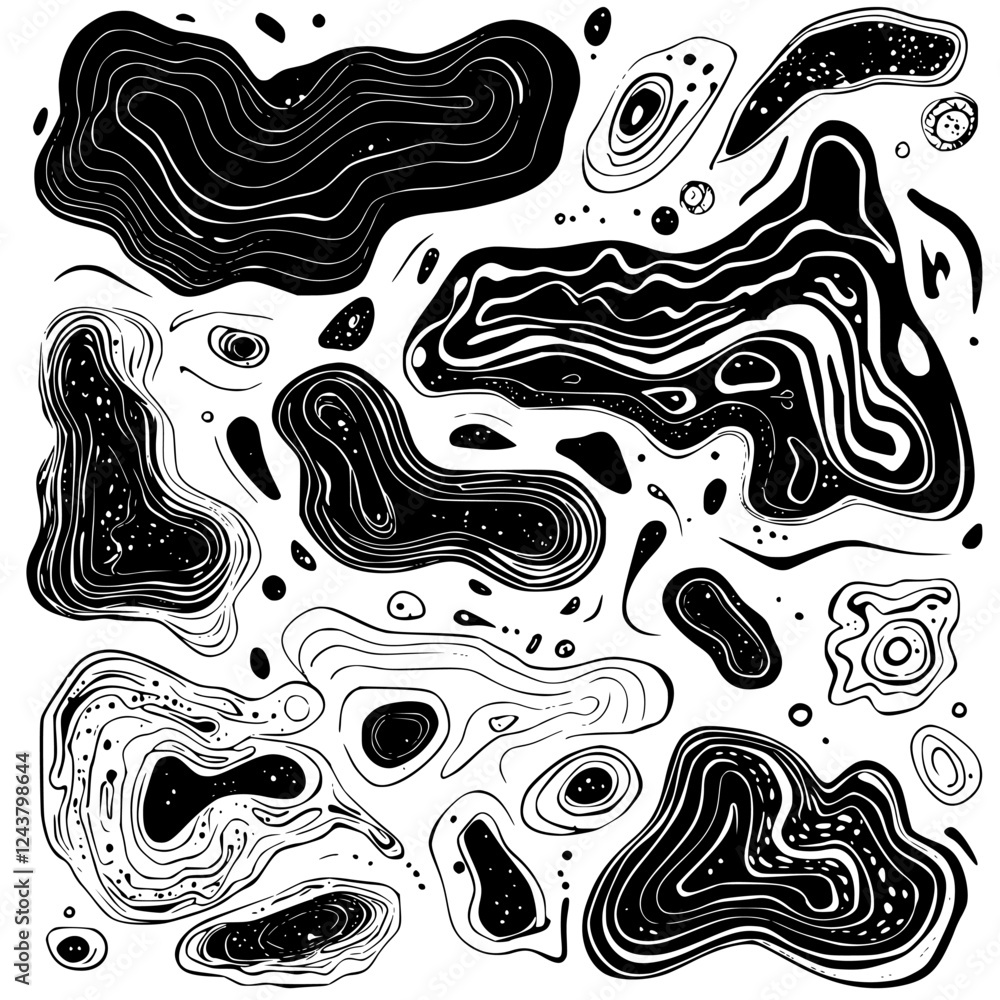 Poster unique black and white abstract shapes with varying sizes and patterns on a flat surface