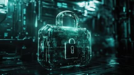 Futuristic transparent padlock hologram glowing against a dark digital background, symbolizing cyber security