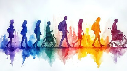 Inclusive students walking city watercolor art