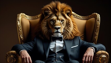 Fototapeta premium Majestic lion in a formal suit, regal animal portrait with a powerful and elegant business-themed design