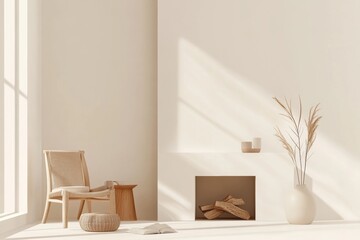 An illustration of a Japandi reading nook with a small fireplace, neutral color palette, and natural materials, minimal background with copy space
