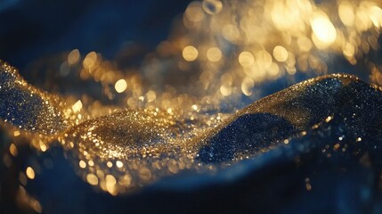 Glowing gold foil-like particles with a soft Christmas bokeh effect over a navy blue luxury background