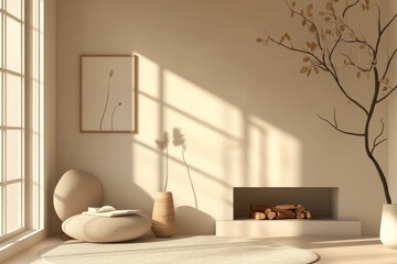 An illustration of a Japandi reading nook with a small fireplace, neutral color palette, and natural materials, minimal background with copy space