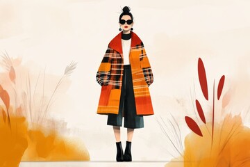 fashion illustration of a runway look inspired by autumn, with layered fabrics, bold prints, and warm colors, print for clothes, t-shirt, tote bag