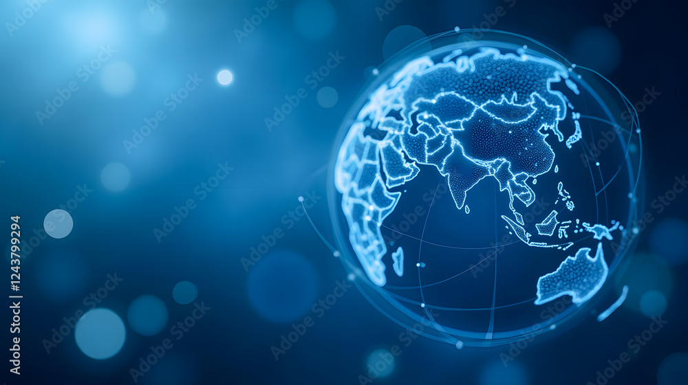 Poster digital representation of a glowing globe with interconnected lines depicting global geography and t