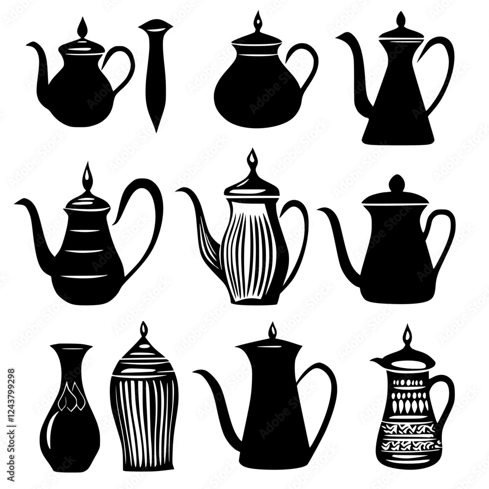 Aufkleber various traditional teapots and containers displayed in a grid format showcasing intricate designs a