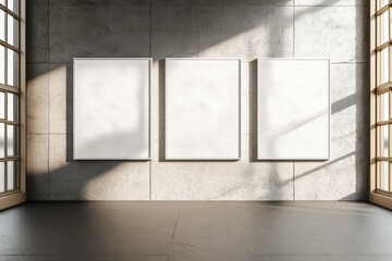 Minimalistic Contemporary Gallery Interior with Three Empty Frames on Wall Surrounded by Natural Light