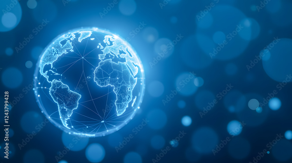 Poster futuristic digital earth globe with network connections on soft blue bokeh background for technology
