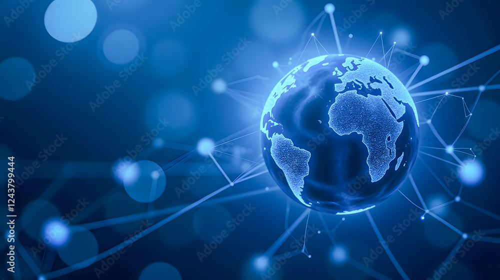Poster blue digital globe with connection lines illustrating global technology and networking concept