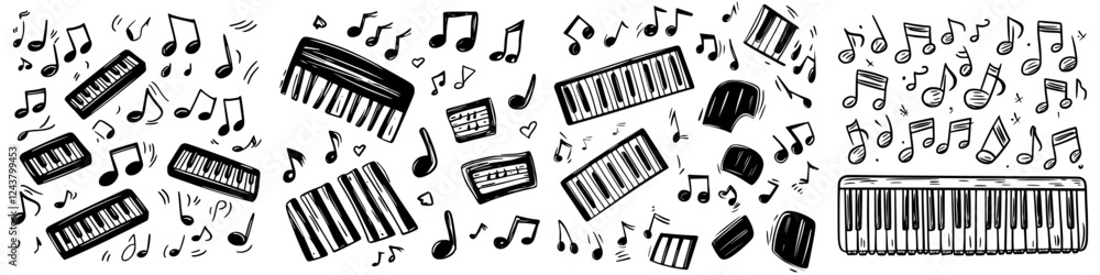 Aufkleber multiple keyboards and musical notes create a dynamic pattern in a creative design