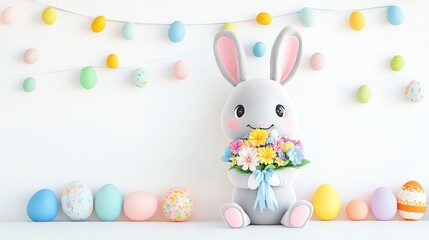 Fototapeta premium A playful Easter bunny holding a pastel bouquet of spring flowers, sitting amidst colorful Easter decorations, isolated on a white background