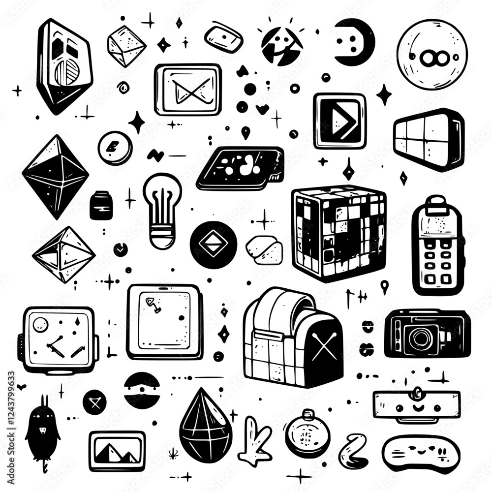 Poster intricate collection of geometric shapes and icons featuring various objects on a white background