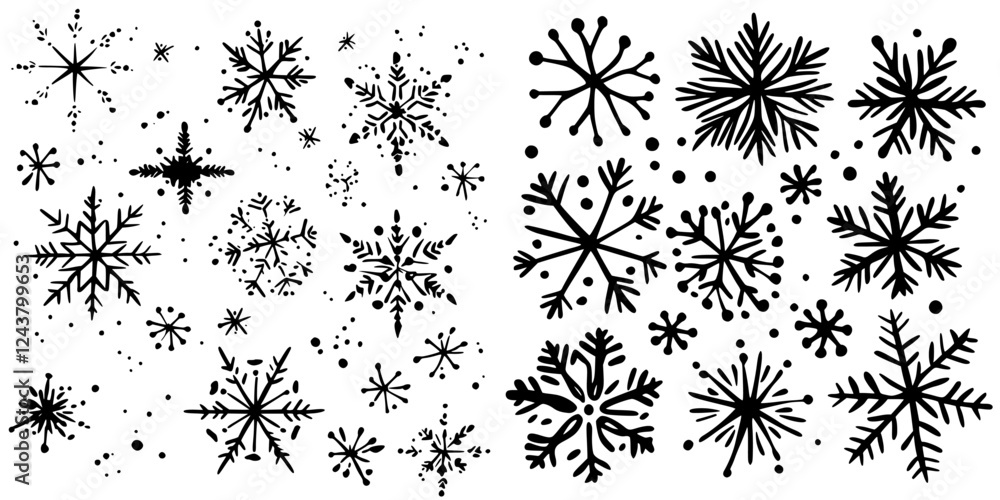 Poster black and white snowflake illustrations showing various unique designs and patterns for winter and h