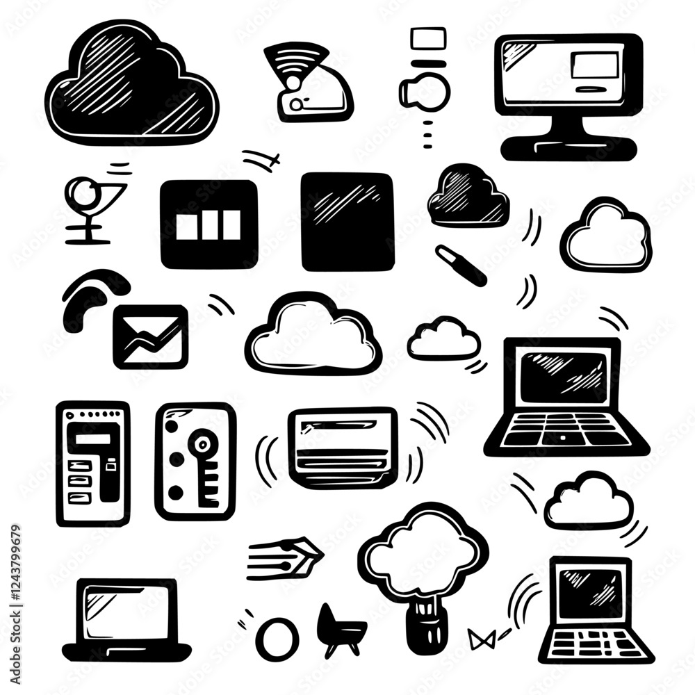 Poster digital technology icons illustrating cloud computing, connectivity, and data management concepts