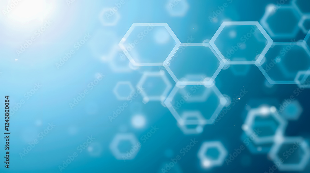 Poster abstract blue background with chemical hexagons and light bokeh effect for science and technology co